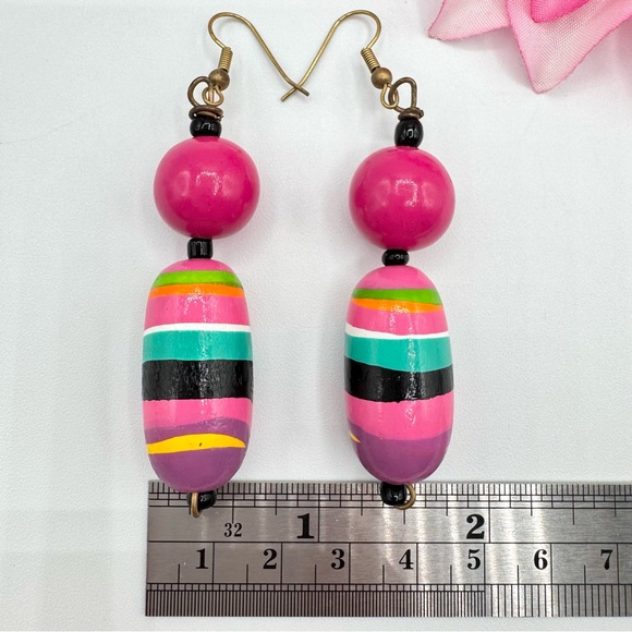 Vintage Hand Painted Bright Multicolor Wood Bead Dangle Earrings Whimsical Fun - Picture 5 of 7